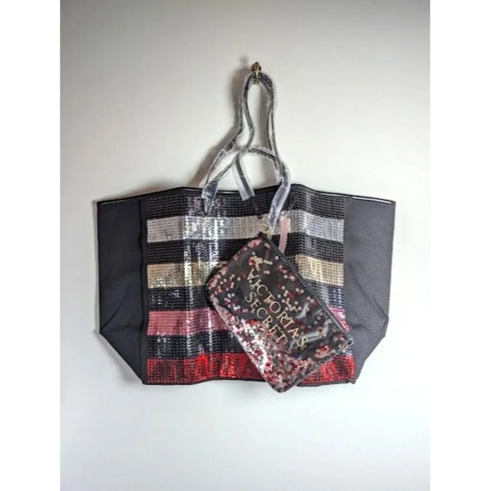 2 Set‎ Victoria's Secret Make Up & Tote Bag Log Stripe Sequin Glam Weekender NEW
